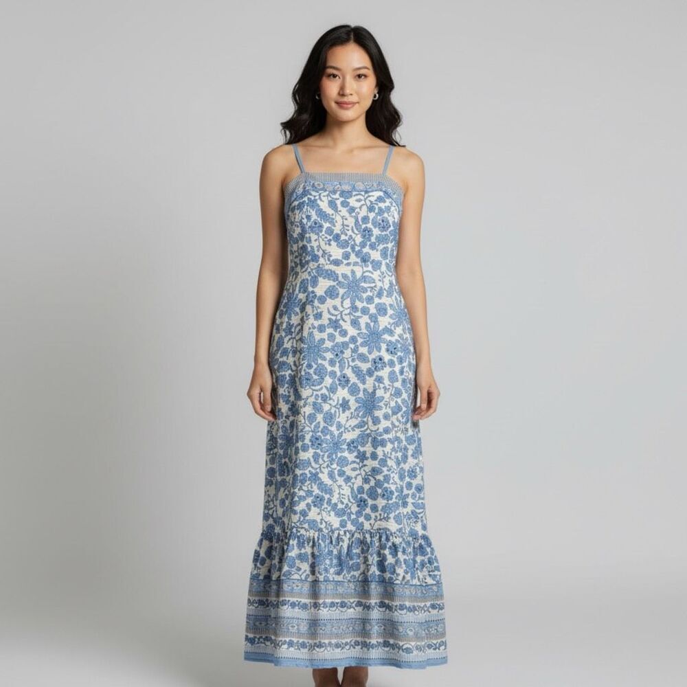 Taylor 8 Blue Cream Floral Prairie Maxi Dress Luxury Preppy Cottagecore Coastal